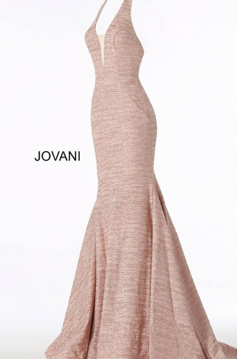 JOVANI 55414 Blush Halter Fit-n-Flare Glitter Jersey Dress - Size 12