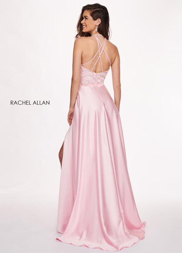 Rachel Allan 6487 Soft Pink Satin Illusion Halter A-Line Dress with Slit