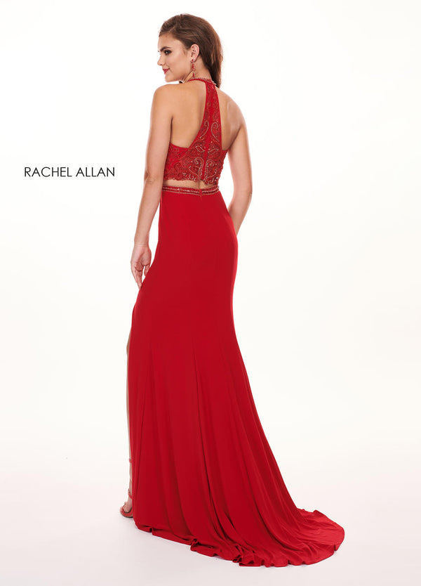 Rachel Allan 6641 Red Fitted 2 Piece Beaded Halter Dress with Slit