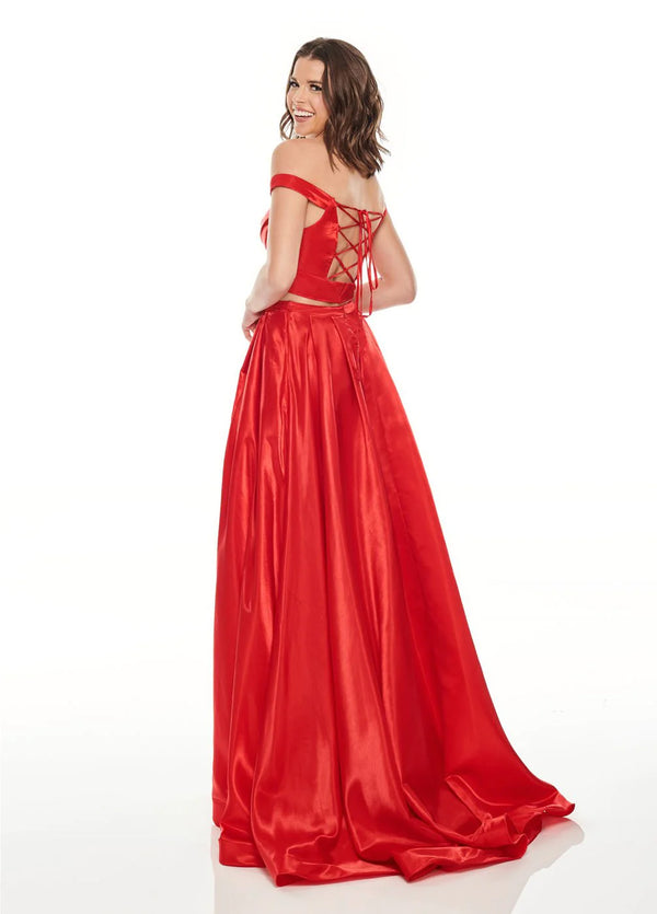 Rachel Allan 7185 Red Off the Shoulder 2 Piece Satin Dress with Slit