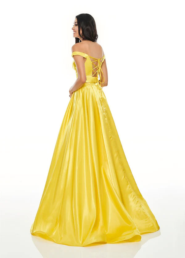 Rachel Allan 7185 Yellow Off the Shoulder 2 Piece Satin Dress with Slit