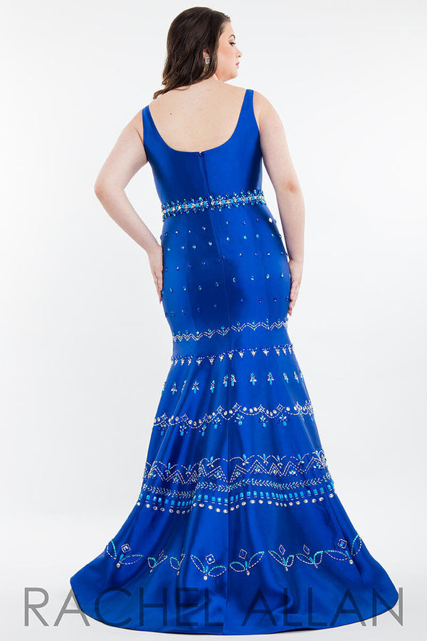 Rachel Allan Curves 7811 Royal Blue Fit-N-Flare Dress with Beaded Design Skirt