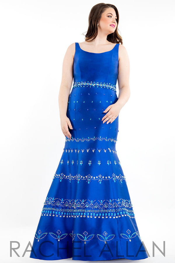 Rachel Allan Curves 7811 Royal Blue Fit-N-Flare Dress with Beaded Design Skirt