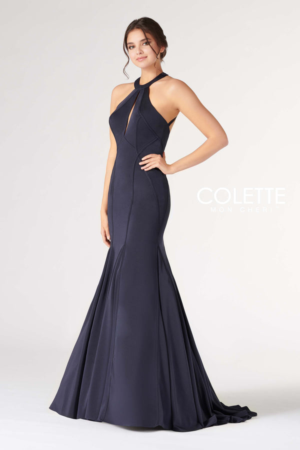 COLETTE 19809 Navy Key Hole Neckline Fit-n-Flare Dress